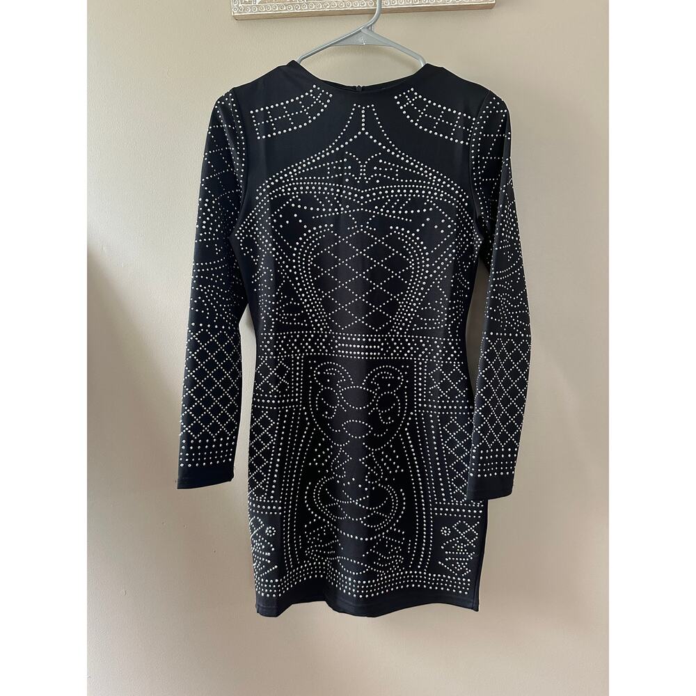 Meaneor Black Long Sleeve Embellished Cocktail Dress